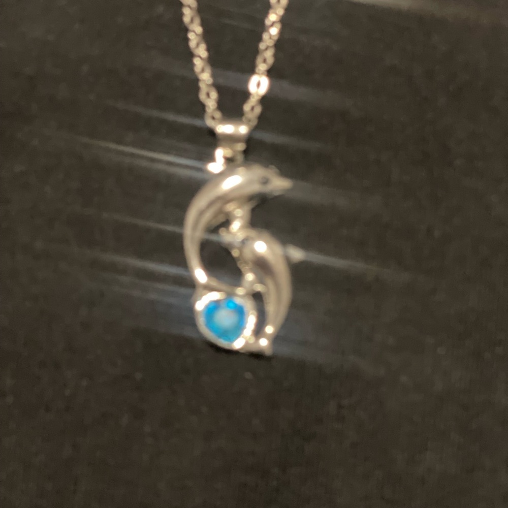 Silver Dolphin Pendant Necklace with Blue Gem